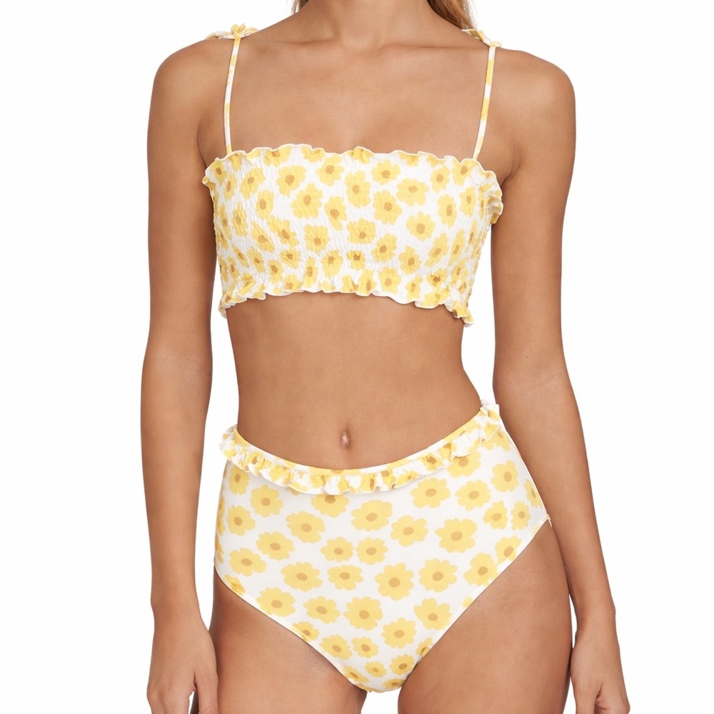 Faithfull the Brand XS sunflower Yellow Floral 0126 Bikini Set bandeau smocked